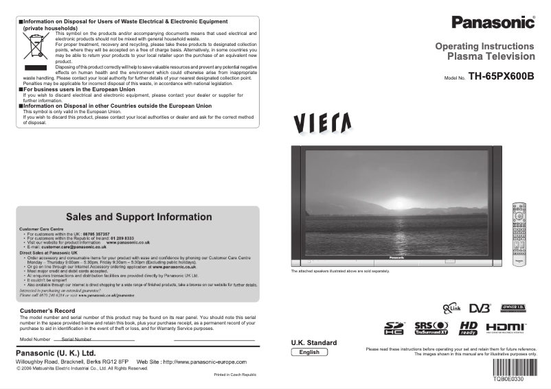 Page 1 de la notice Manuel utilisateur Panasonic TH-65PX600