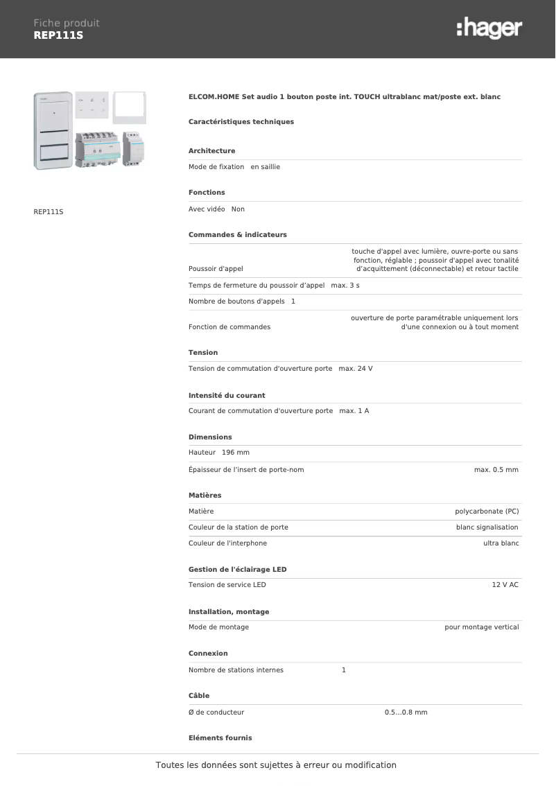 Page 1 de la notice Fiche technique Hager REP111S
