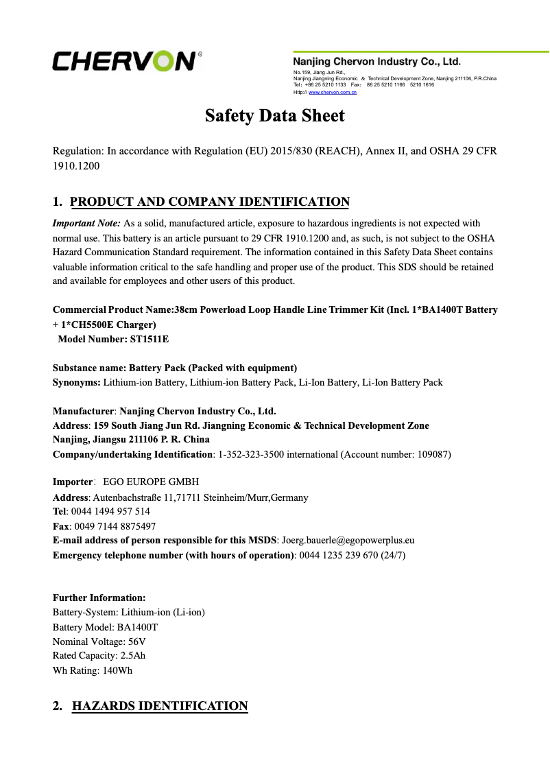 Page n°1 - Instructions de sécurité EGO ST1511E