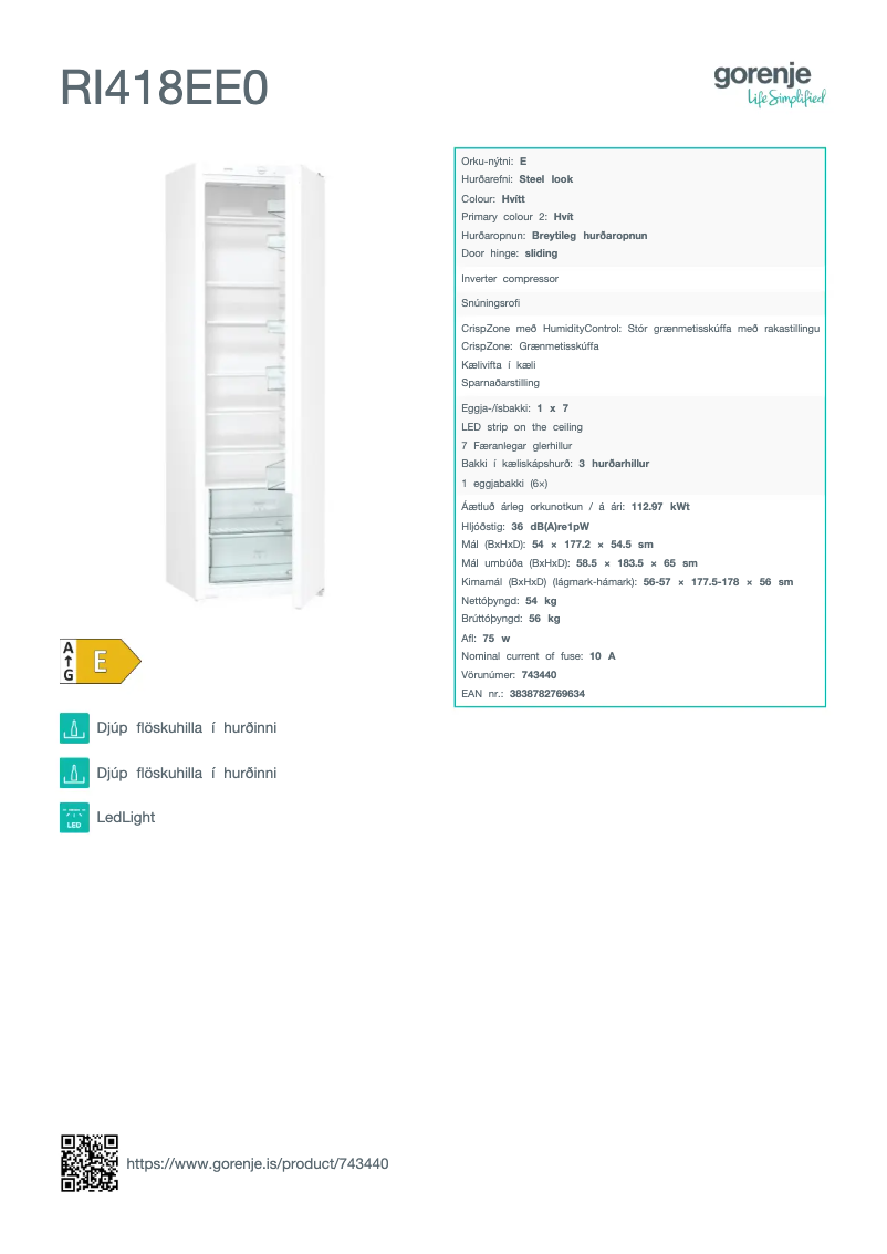 Page n°1 - Fiche technique Gorenje RI418EE0