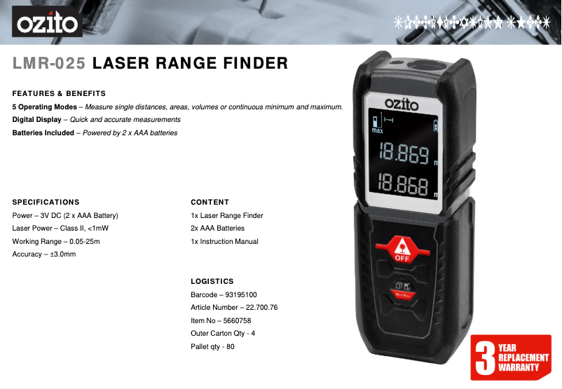 Page 1 de la notice Fiche technique Ozito LMR-025