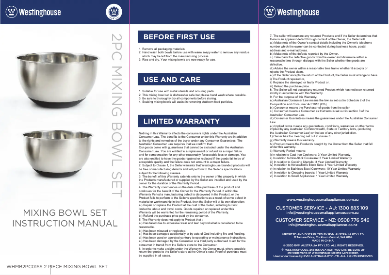 Page 1 de la notice Manuel utilisateur Westinghouse WHMB2PC01SS
