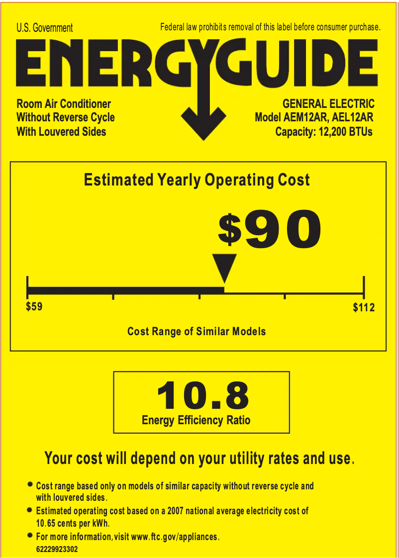 Page 1 de la notice Label énergétique GE AEM12AR