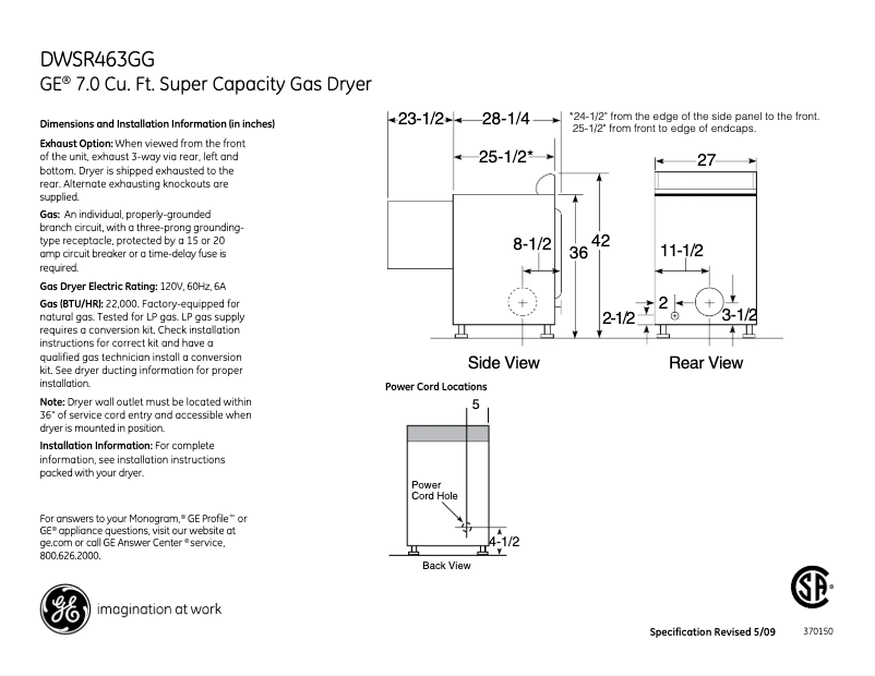 Page n°1 - Fiche technique GE DWSR463GGWW