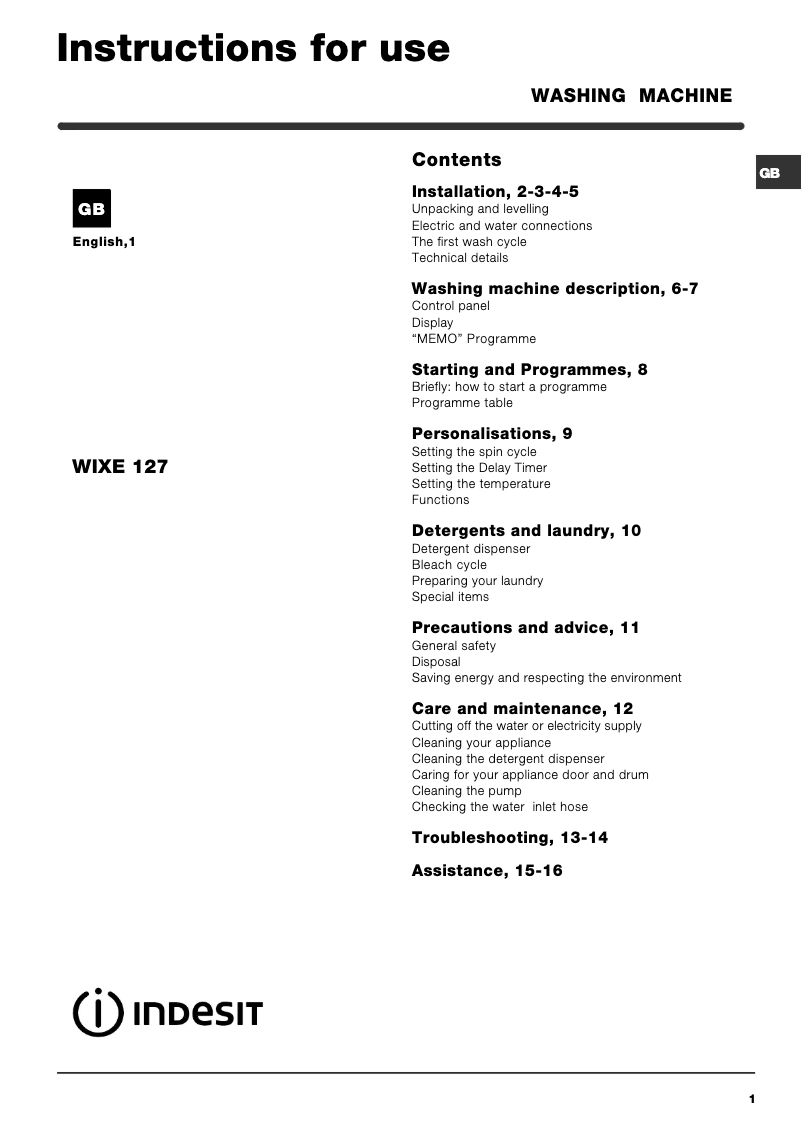 Imagen de la primera página del manual del dispositivo WIXE 127 (UK) (TEV)