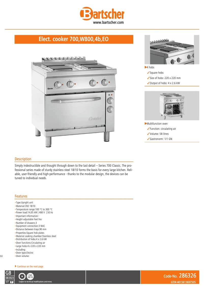 Page n°1 - Fiche technique Bartscher 286326