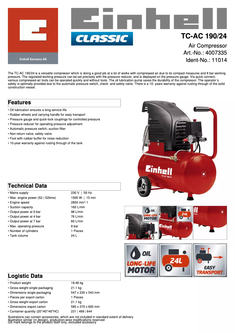 Page 1 de la notice Fiche technique Einhell TC-AC 190/24