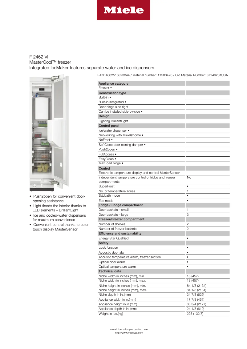 Page 1 de la notice Fiche technique Miele F 2462 Vi