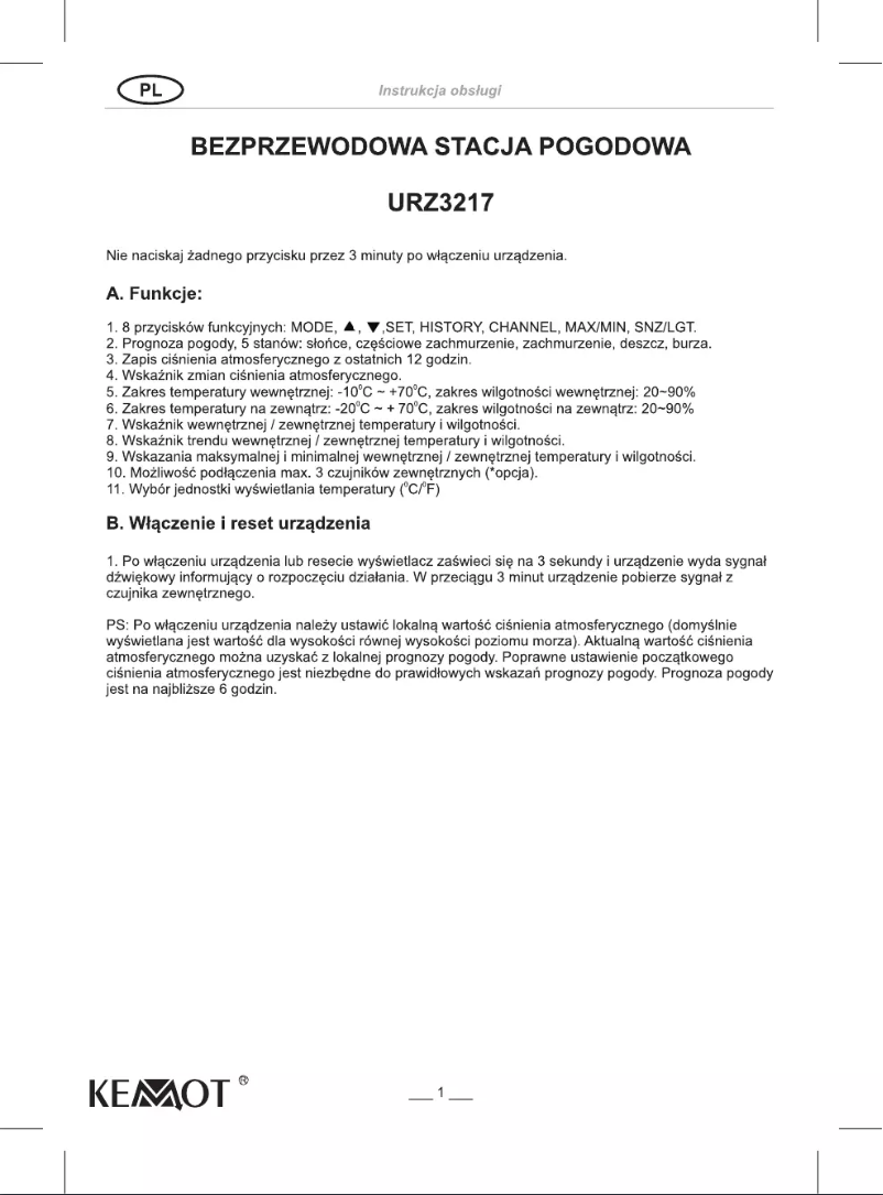 Page 1 de la notice Manuel utilisateur Kemot URZ3217
