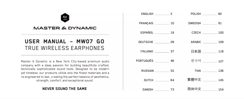 Page 1 de la notice Manuel utilisateur Master & Dynamic MW07 Go