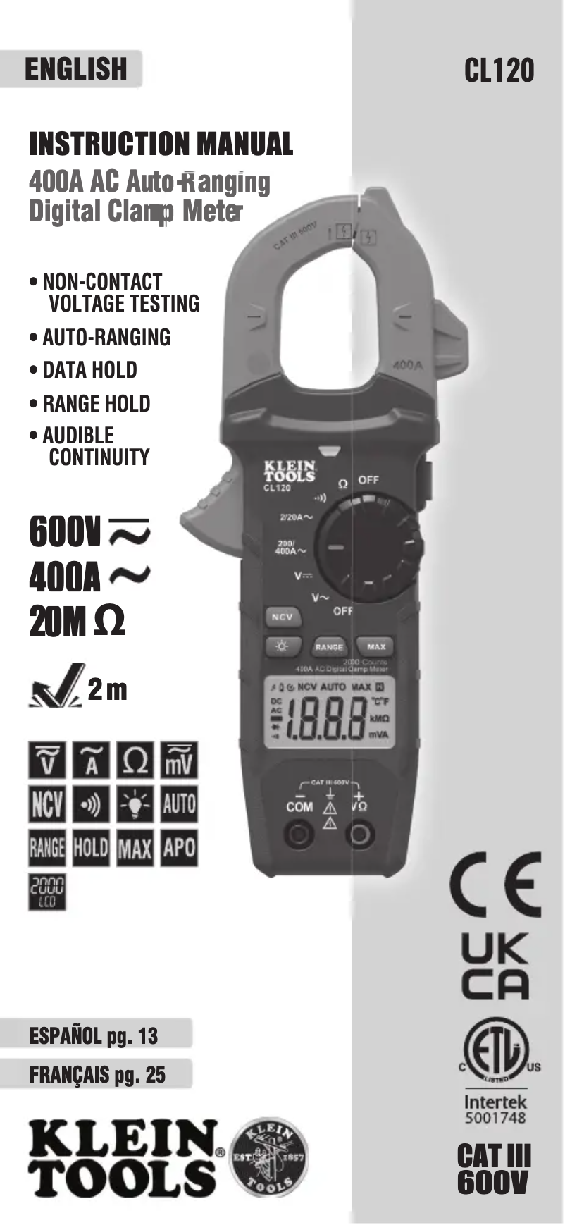 Page n°1 - Manuel utilisateur Klein Tools CL120