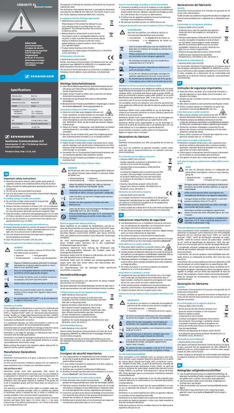 Page n°1 - Instructions de sécurité Sennheiser Urbanite XL Wireless
