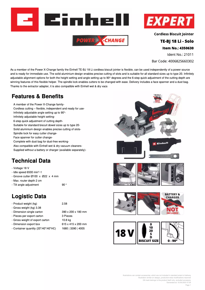 Page 1 de la notice Fiche technique Einhell TE-BJ 18 Li