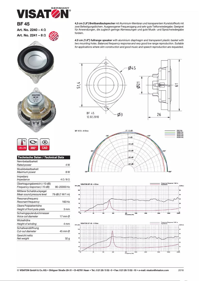 Page 1 de la notice Manuel utilisateur Visaton BF 45