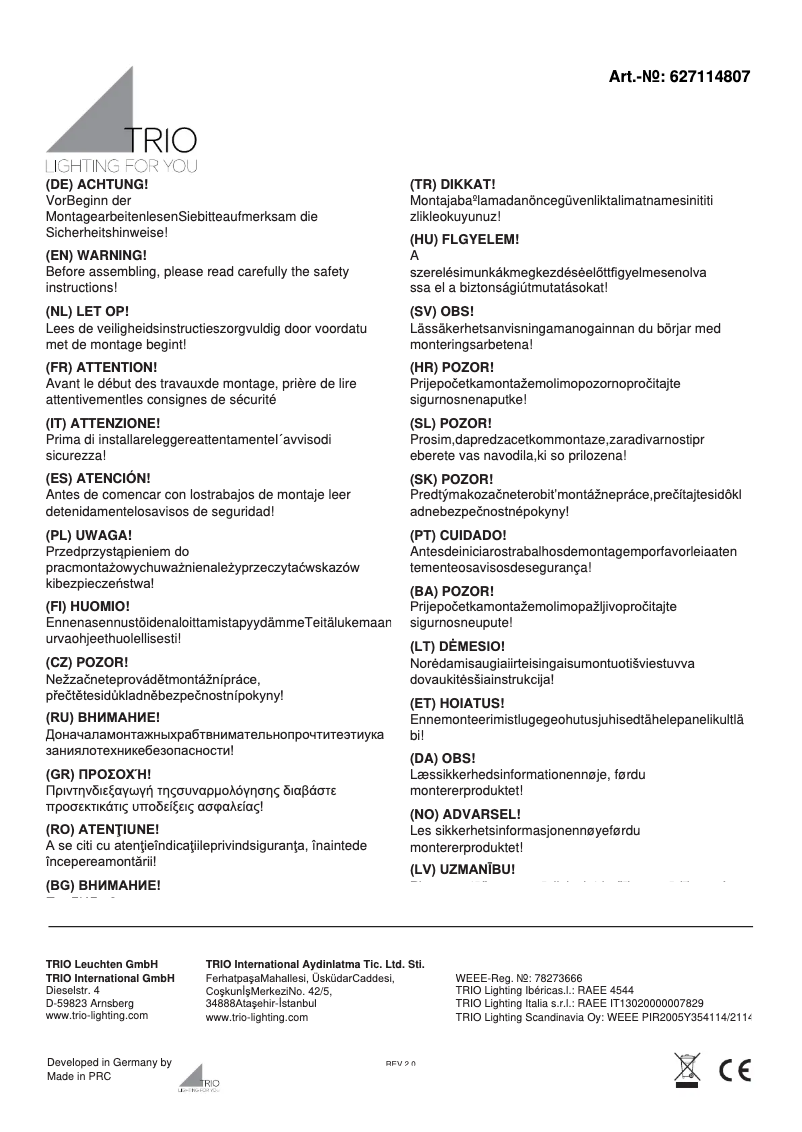 Page 1 de la notice Manuel utilisateur Trio Lighting Salina 627114807