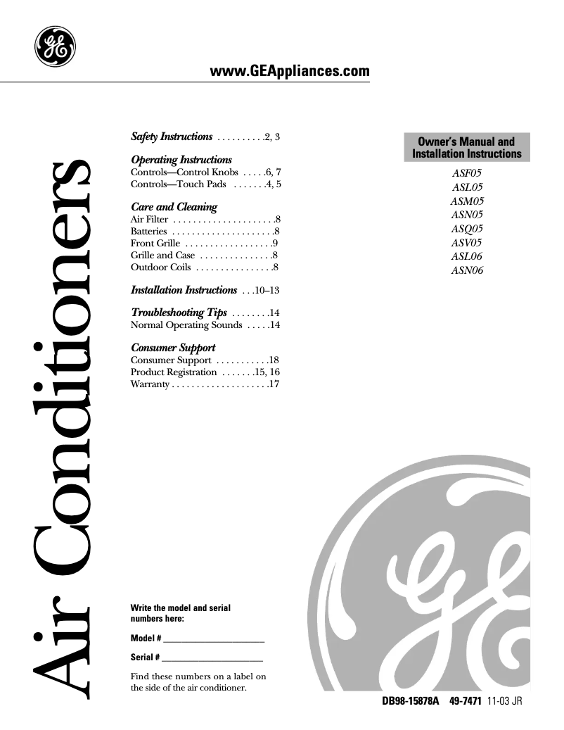 Page 1 de la notice Guide d'installation GE ASM05LB