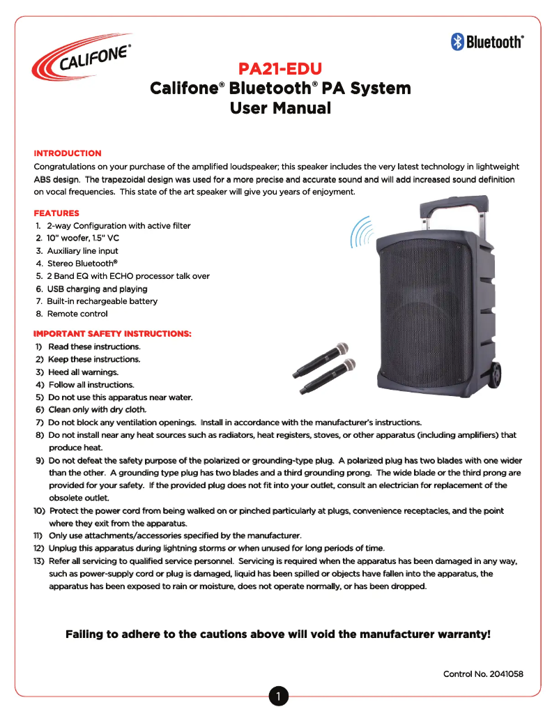 Page 1 de la notice Manuel utilisateur Califone PA21-EDU