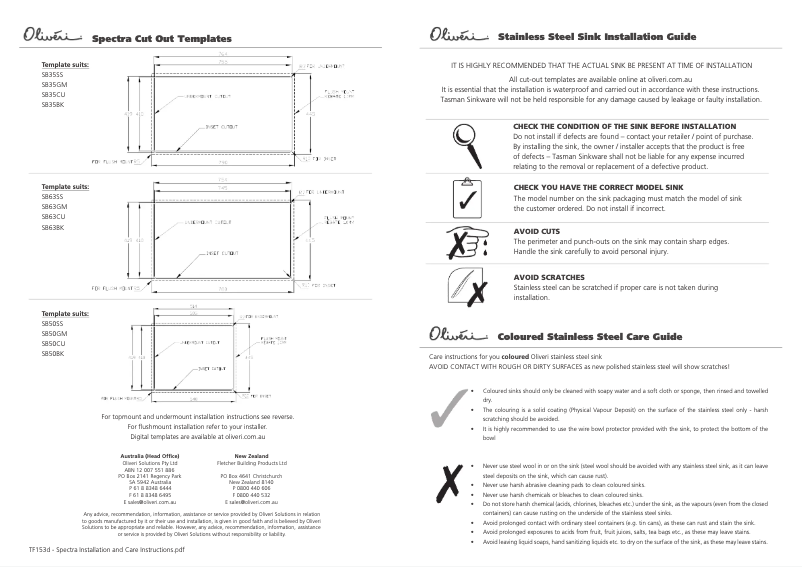 Página 1 del manual Guía de instalación Oliveri SB63BK