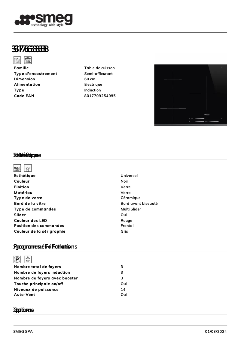Page n°1 - Fiche technique Smeg SI7633B