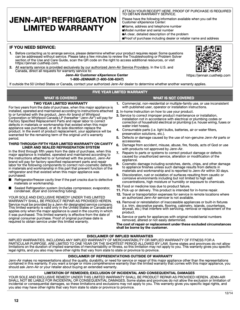 Page n°1 - Informations de garantie JennAir JUW24FLERS