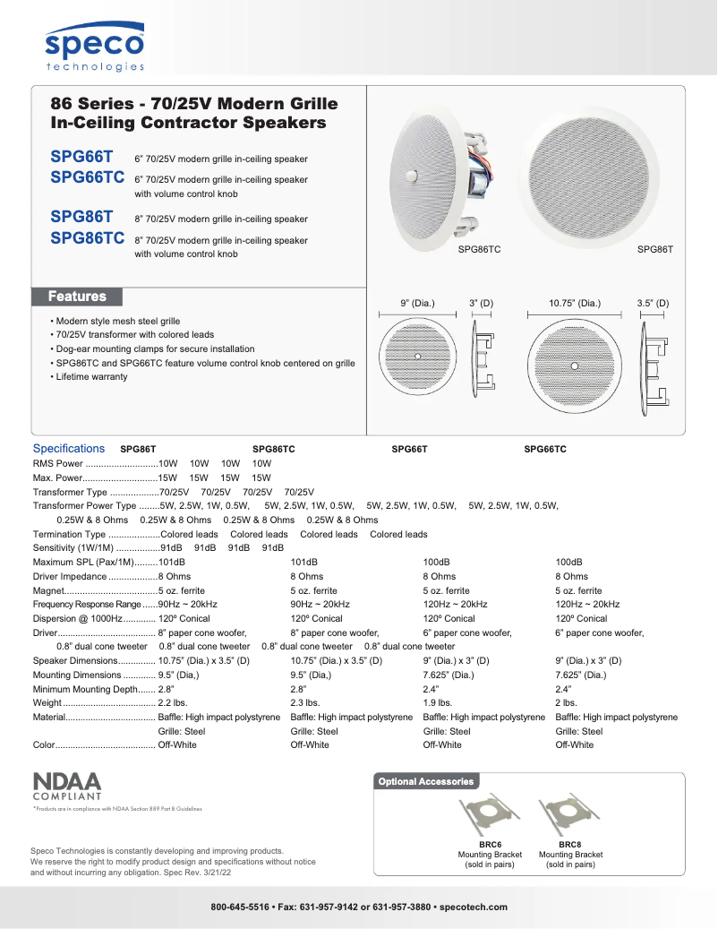 Page 1 de la notice Fiche technique Speco Technologies SPG86TC