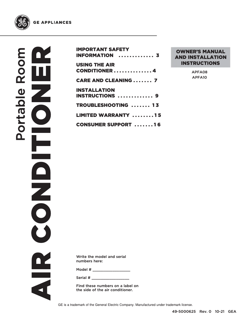 Page 1 de la notice Manuel d'utilisation et d'entretien GE APFA08YBMW