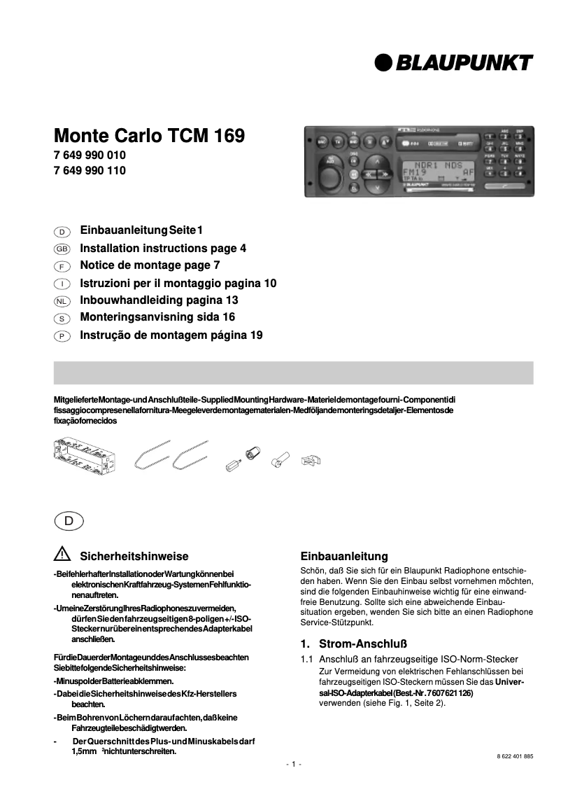 Page 1 de la notice Manuel utilisateur Blaupunkt Monte Carlo TCM 169