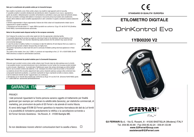 Page 1 de la notice Manuel utilisateur G3 Ferrari DrinKontrol Evo
