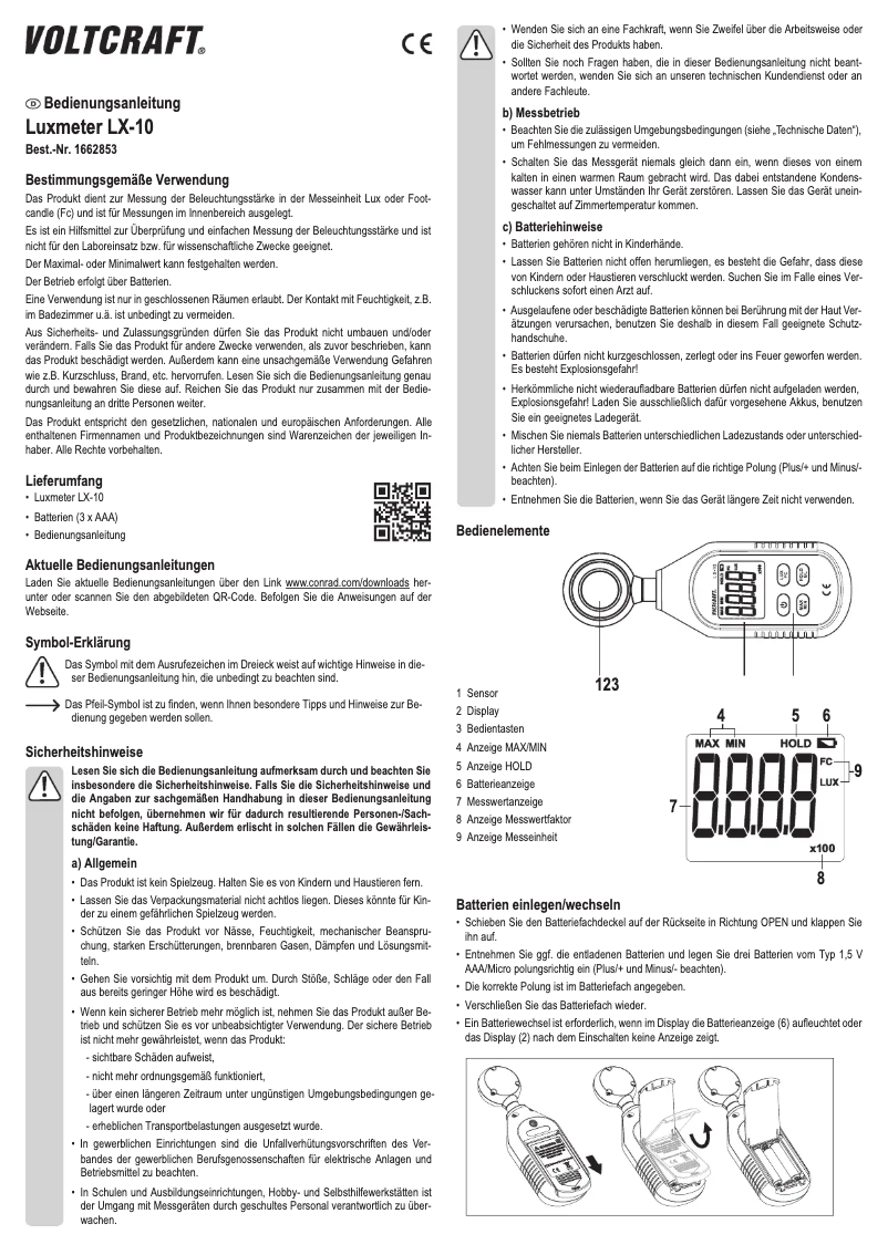 Page 1 de la notice Manuel utilisateur Voltcraft LX-10