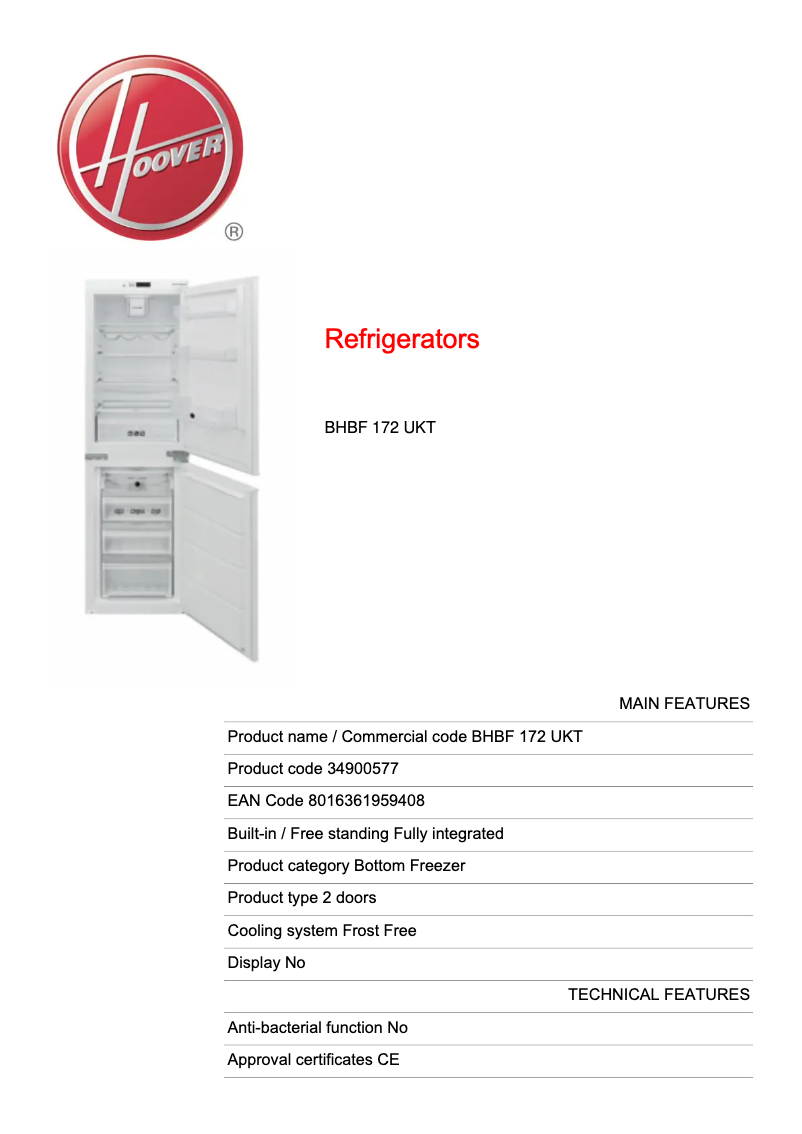 Page n°1 - Fiche technique Hoover BHBF 172 UKT