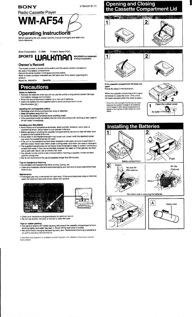 Image de la première page du manuel de l'appareil Walkman WM-AF54