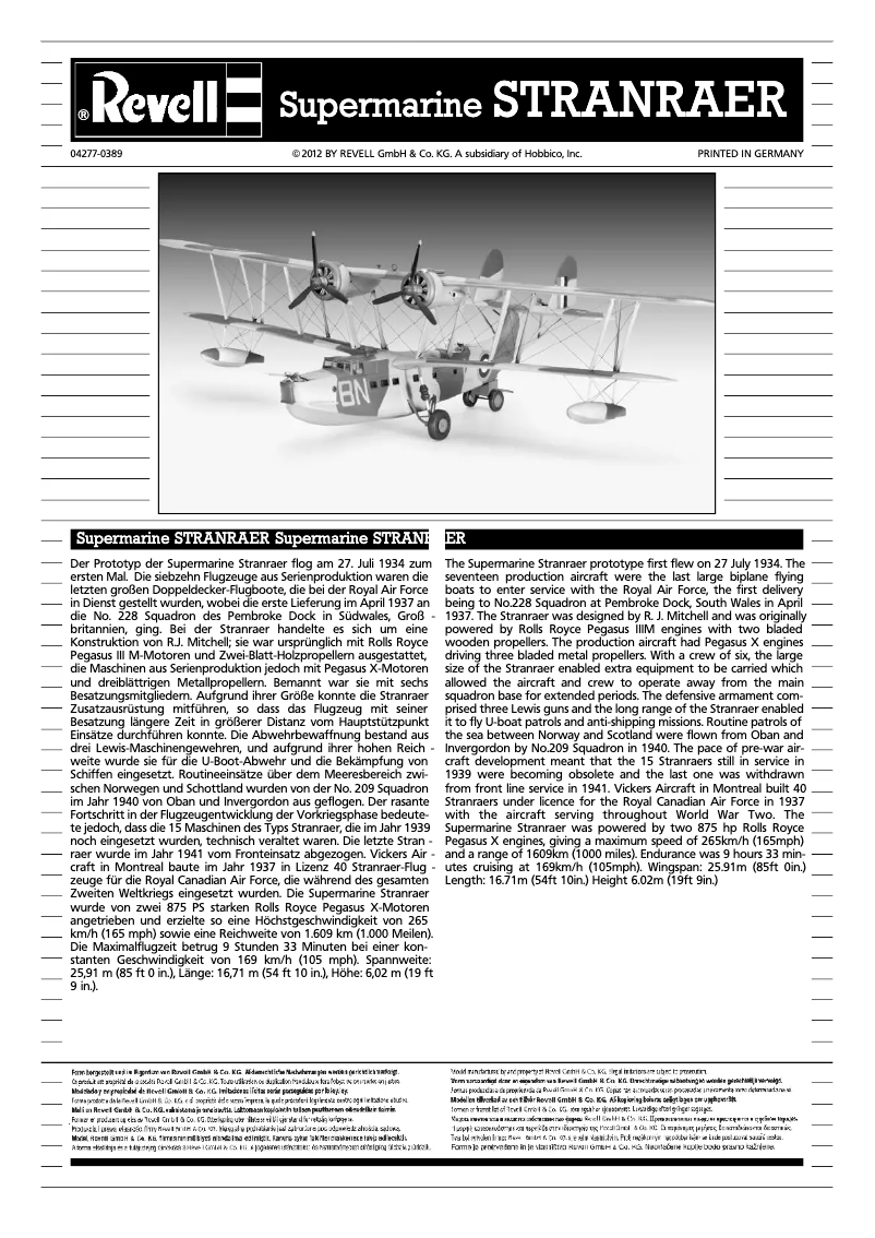 Page 1 de la notice Manuel utilisateur Revell Supermarine STRANRAER