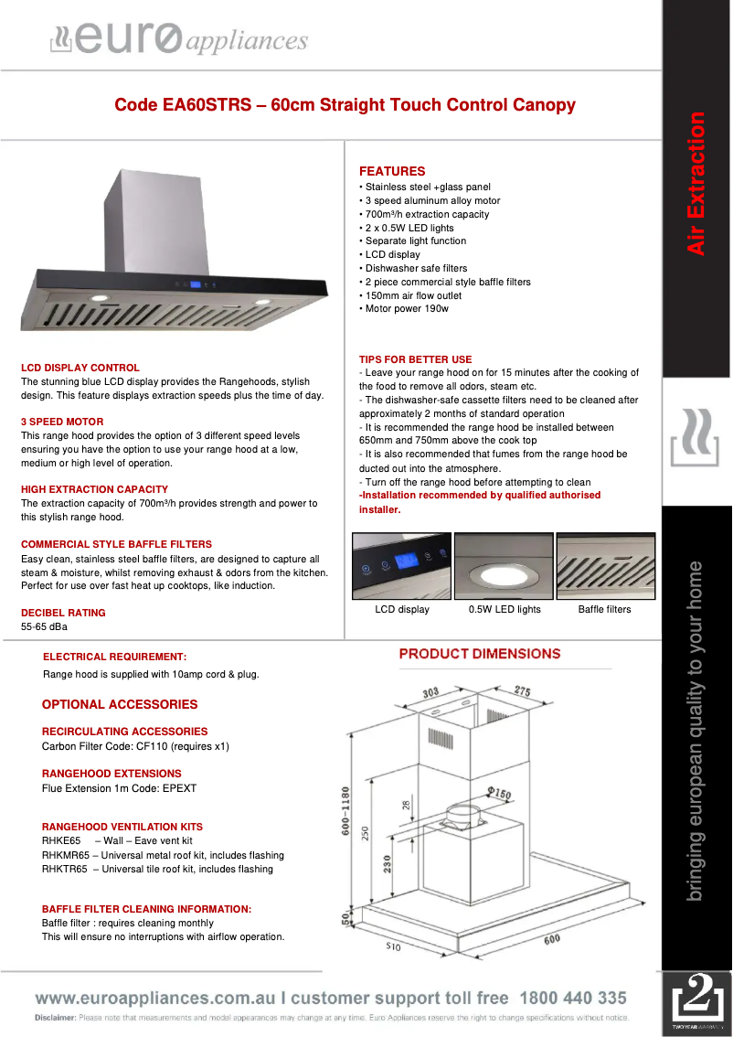 Page 1 de la notice Fiche technique Euro Appliances EA60STRS