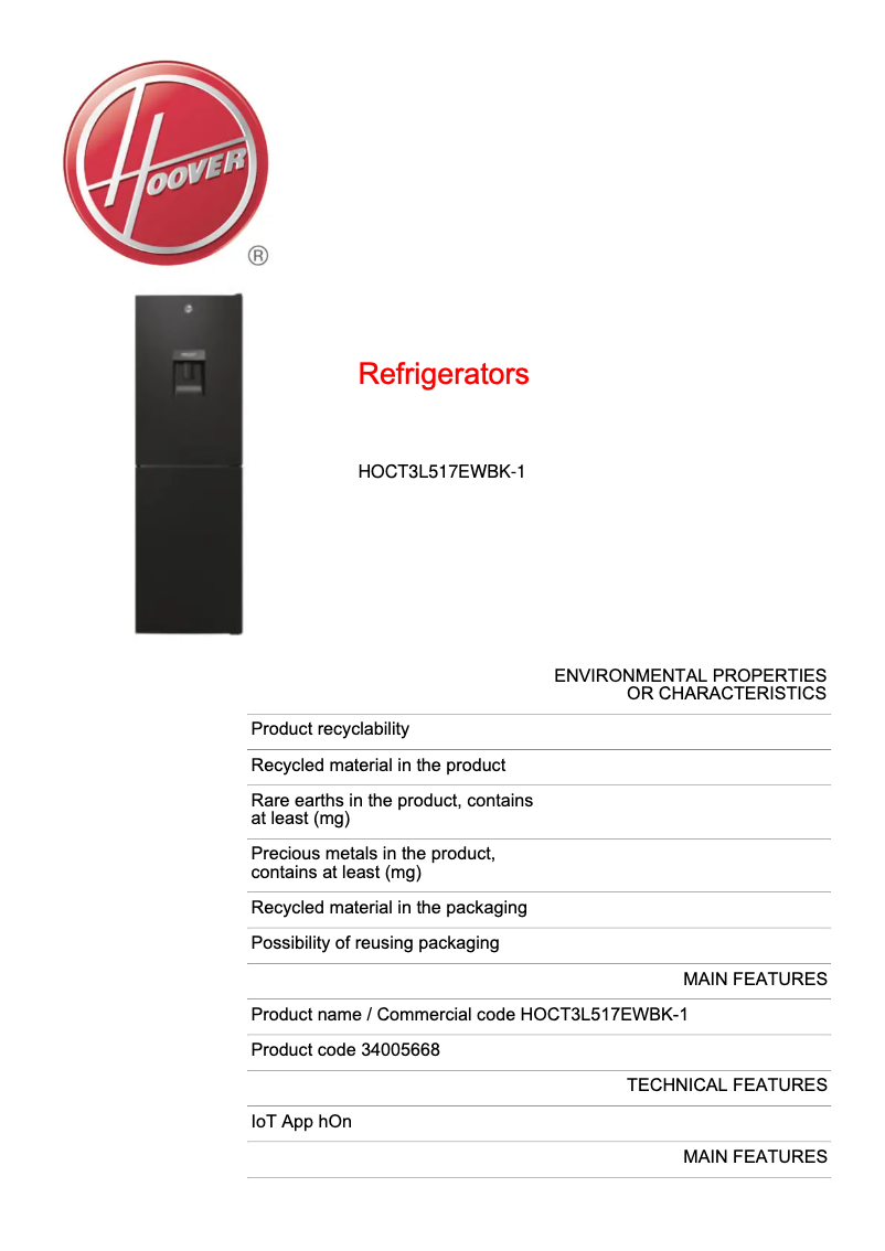 Página 1 del manual Ficha técnica Hoover HOCT3L517EWBK