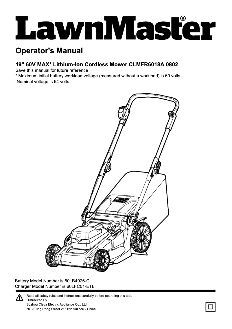 Page 1 de la notice Manuel utilisateur LawnMaster CLMFR6018A 0802