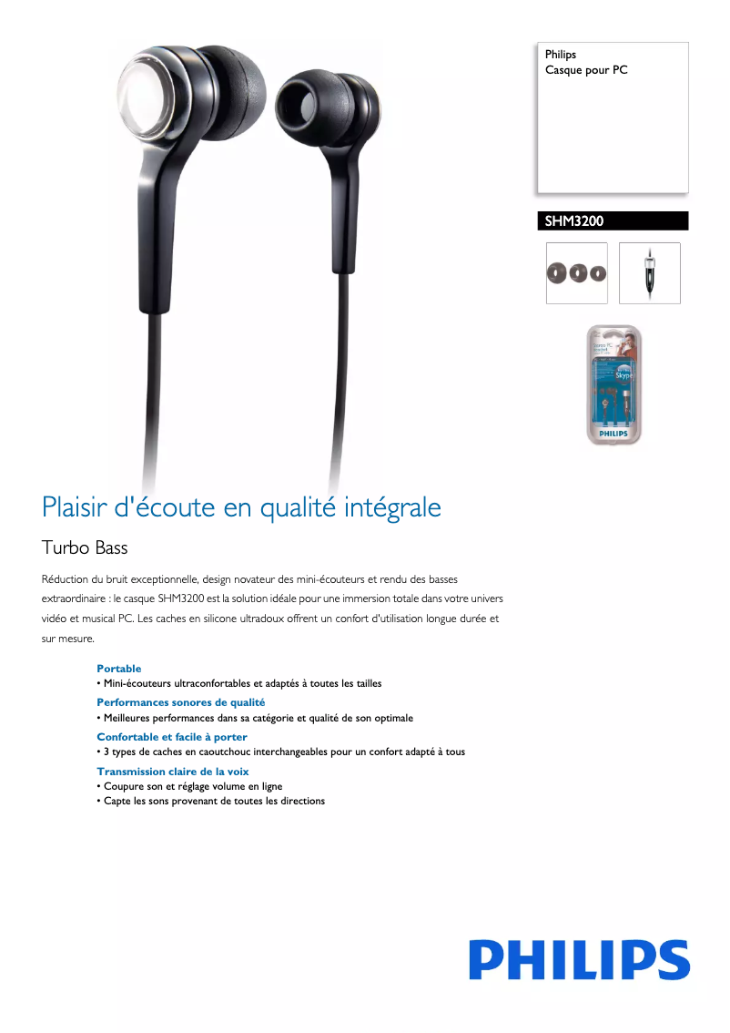 Page 1 de la notice Fiche technique Philips SHM3200