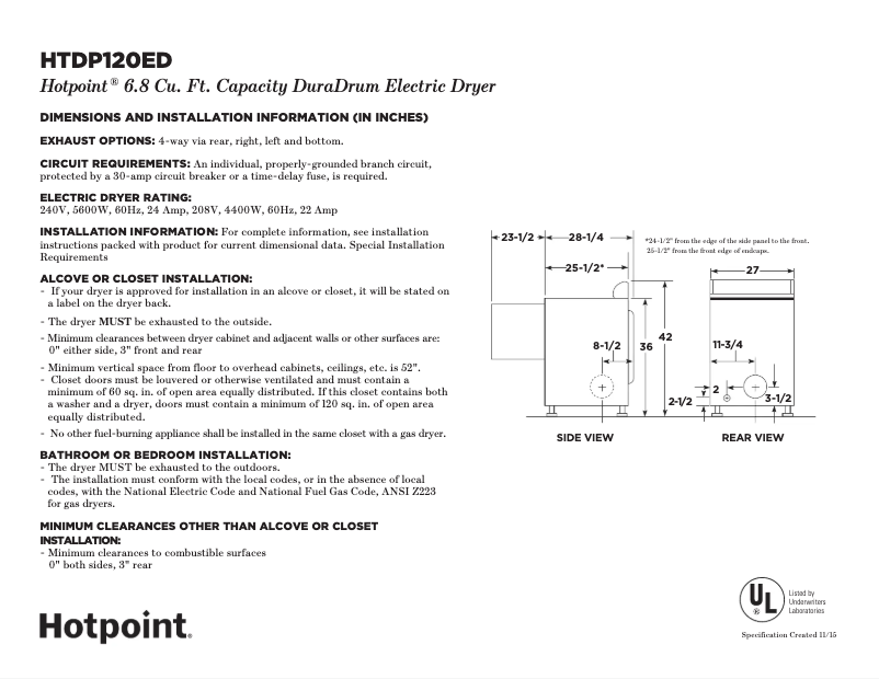 Page 1 de la notice Fiche technique Hotpoint HTDP120EDWW