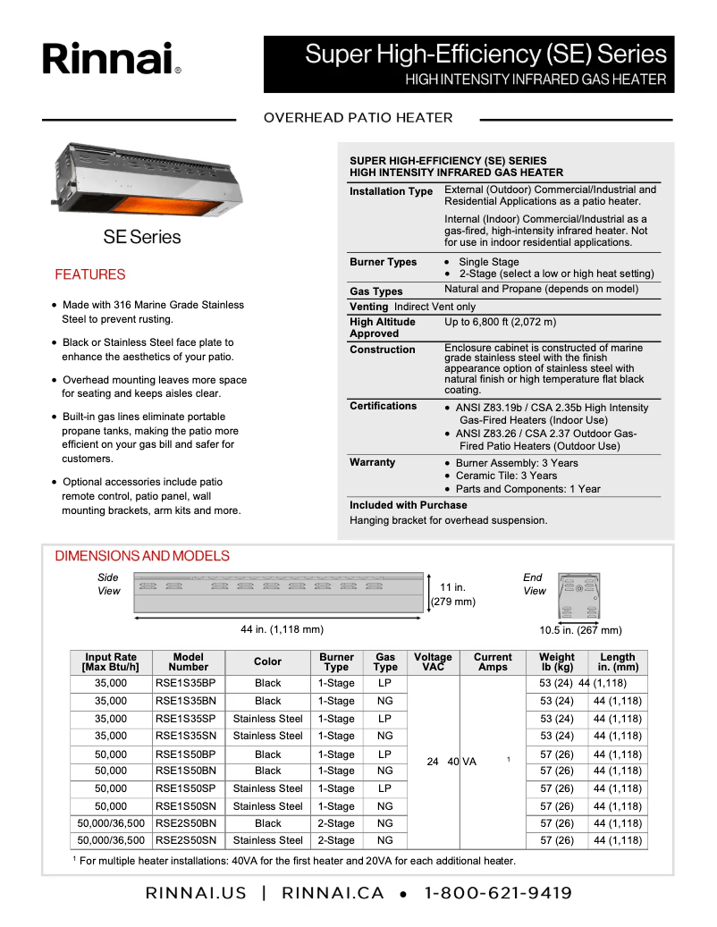 Page n°1 - Fiche technique Rinnai RSE1S50SP