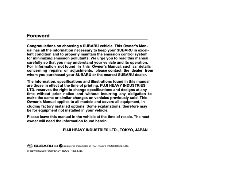 Page 1 de la notice Manuel utilisateur Subaru Baja (2004)