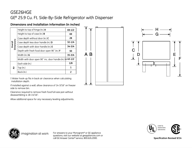 Page n°1 - Fiche technique GE GSE26HWW