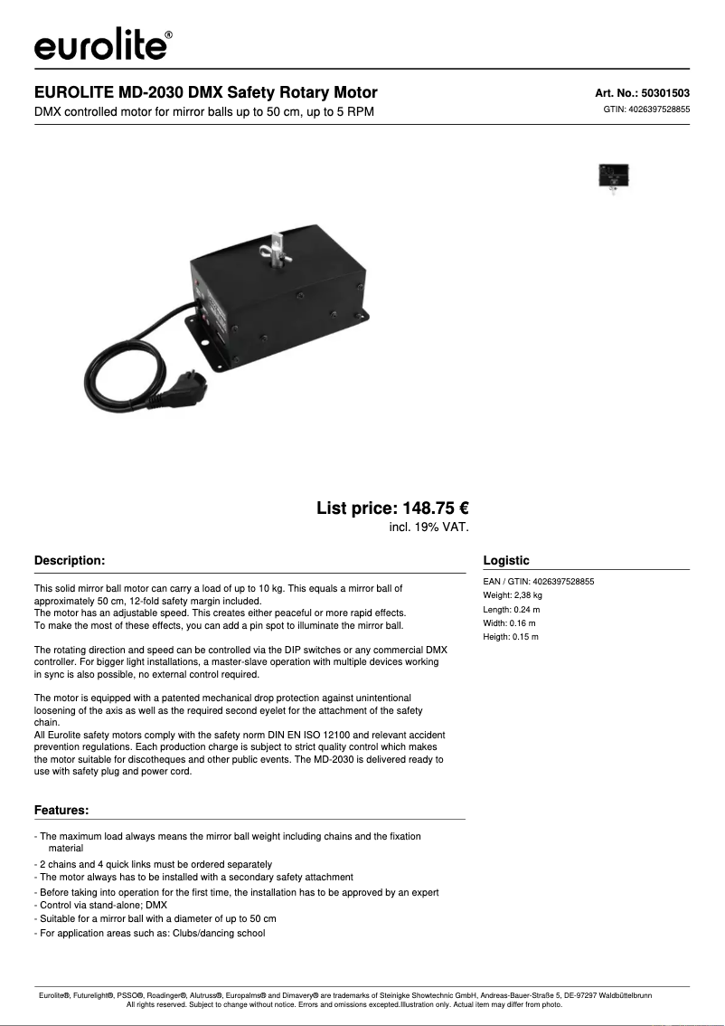 Página 1 del manual Ficha técnica Eurolite MD-2030