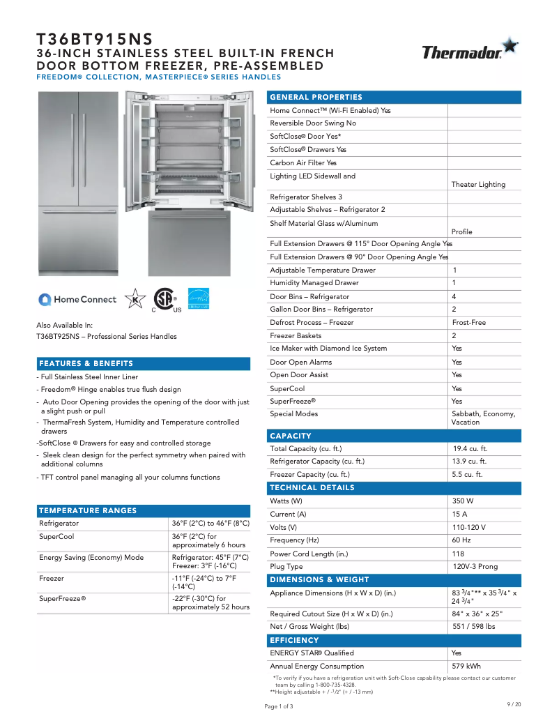 Page 1 de la notice Fiche technique Thermador T36BT915NS