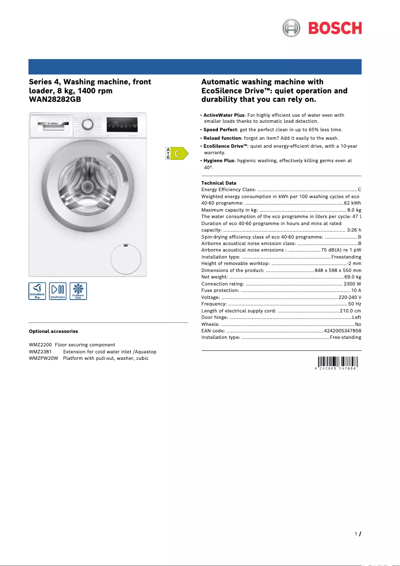 Página 1 del manual Ficha técnica Bosch WAN28250GB