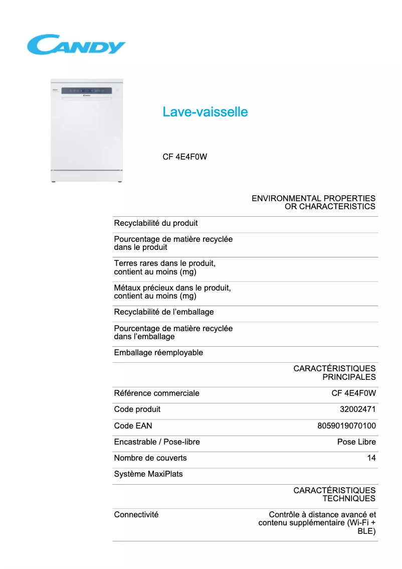 Page 1 de la notice Fiche technique Candy Rapido' CF 4E4F0W