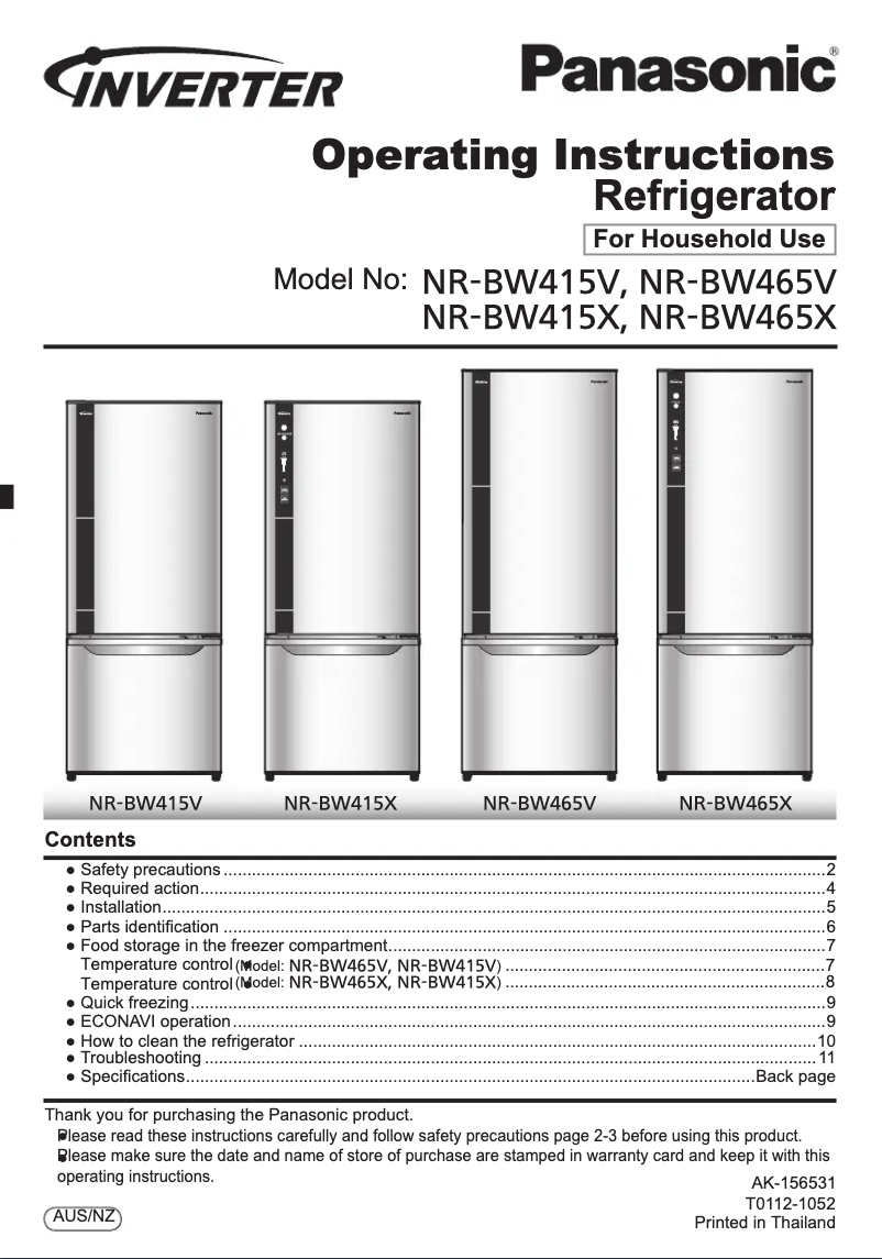 Page 1 de la notice Manuel utilisateur Panasonic NR-BW465X