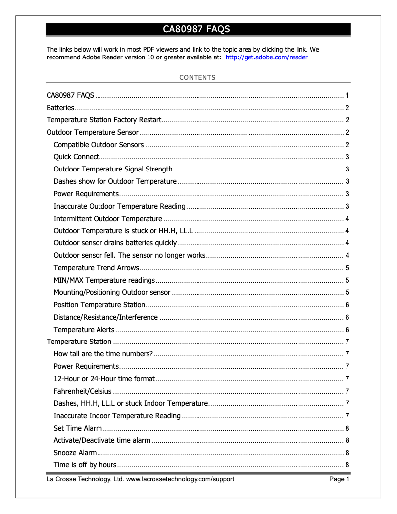 Page 1 de la notice FAQ La Crosse Technology CA80987