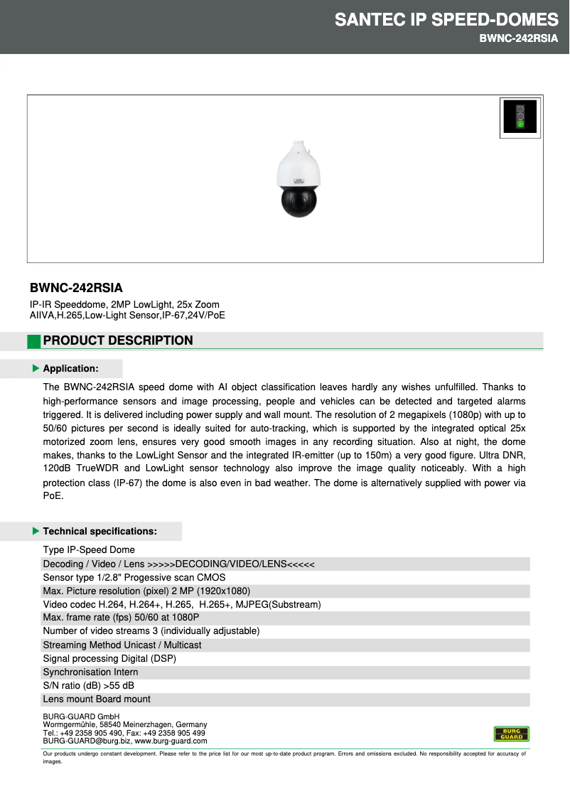 Page 1 de la notice Fiche technique Burg Wächter BWNC-242RSIA