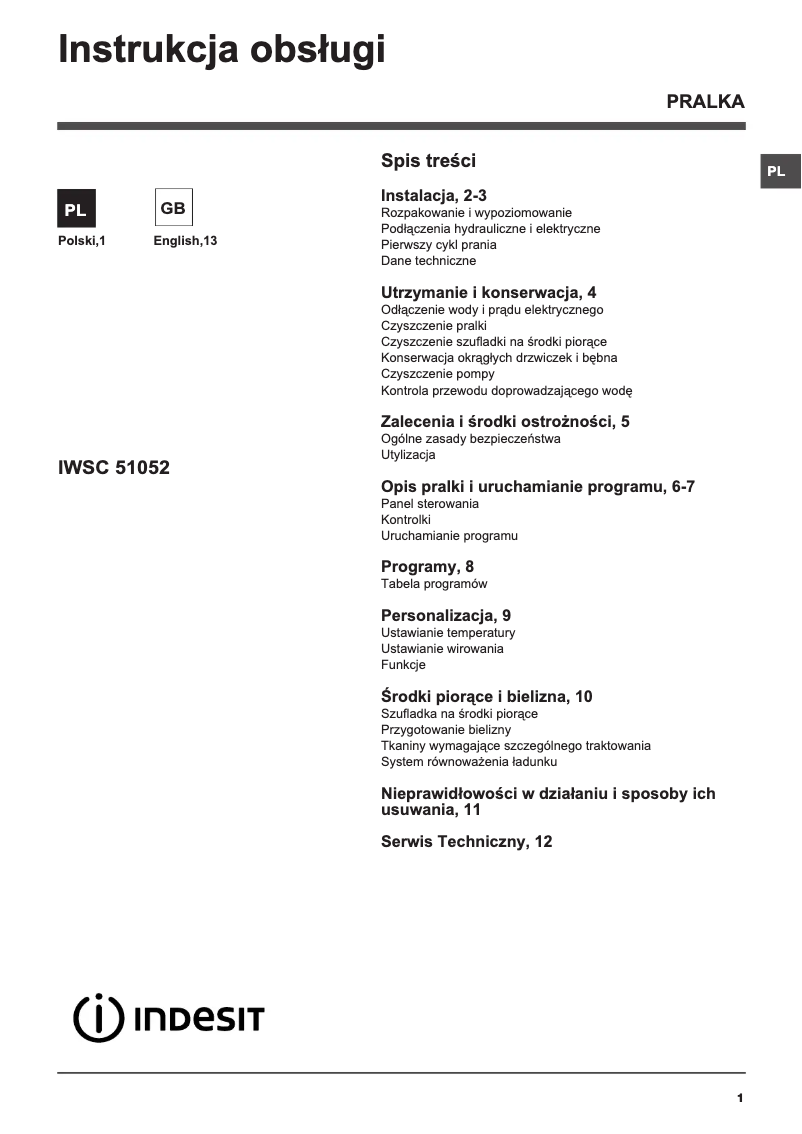 Page 1 de la notice Manuel utilisateur Indesit IWSC 51052 C ECO PL