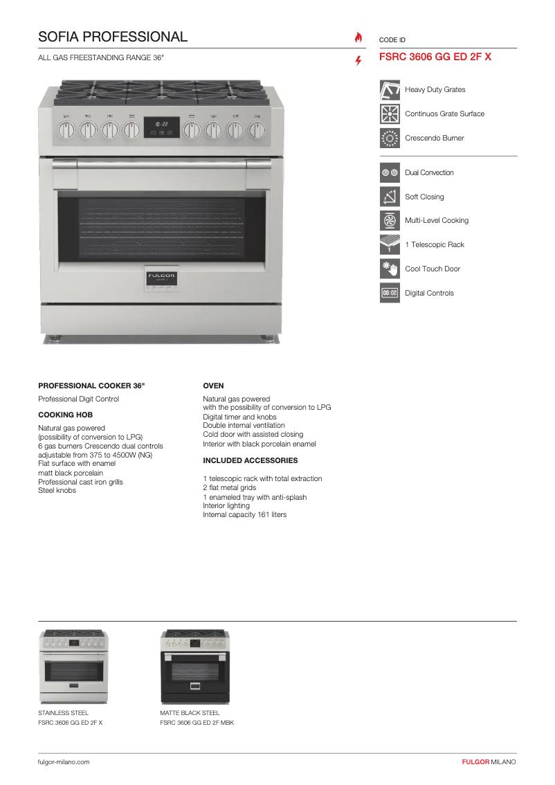 Page 1 de la notice Fiche technique Fulgor Milano FSRC 3606 GG ED 2F X