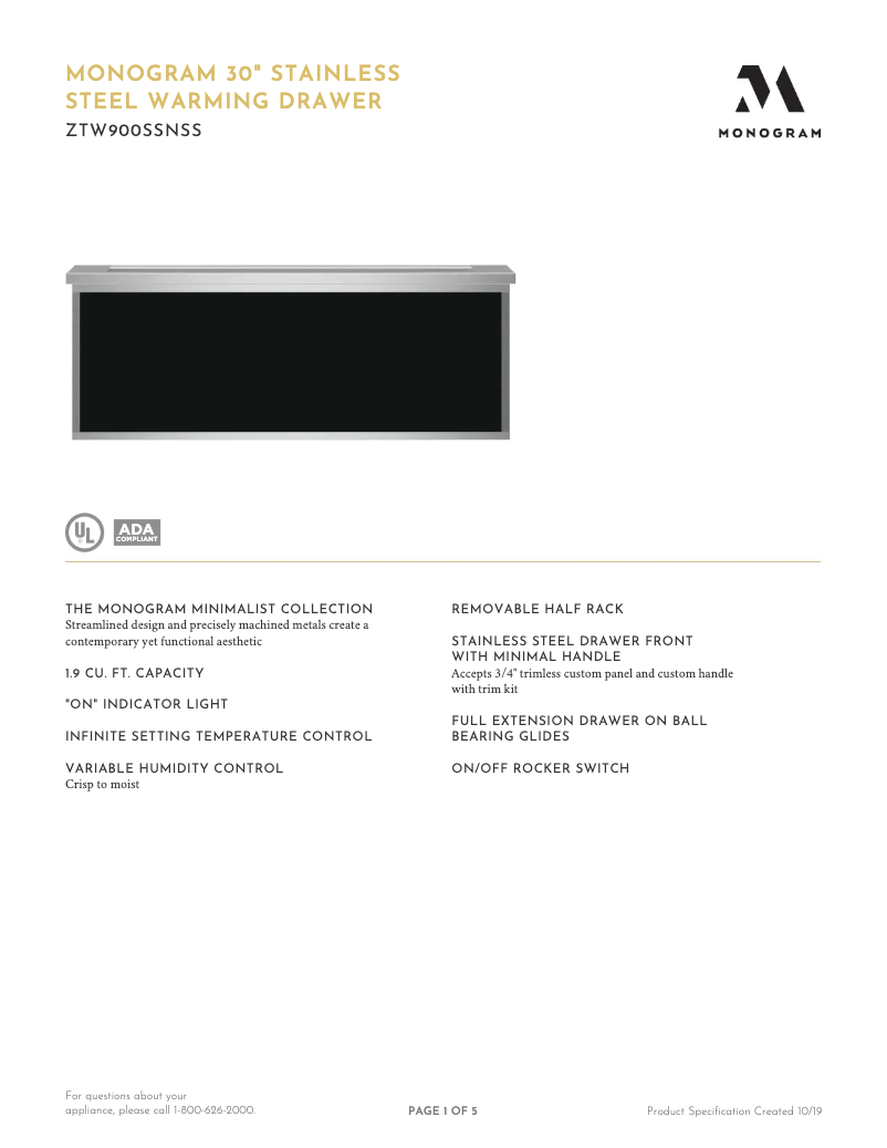 Page n°1 - Fiche technique Monogram ZTW900SSNSS